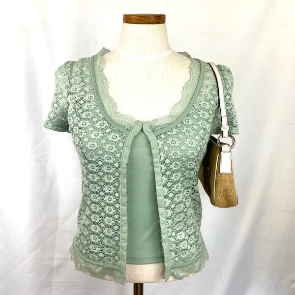 Willow Root Y2K Floral Lace Overlay Top Women XS Sage Green Coquette Cottagecore - Picture 2 of 9
